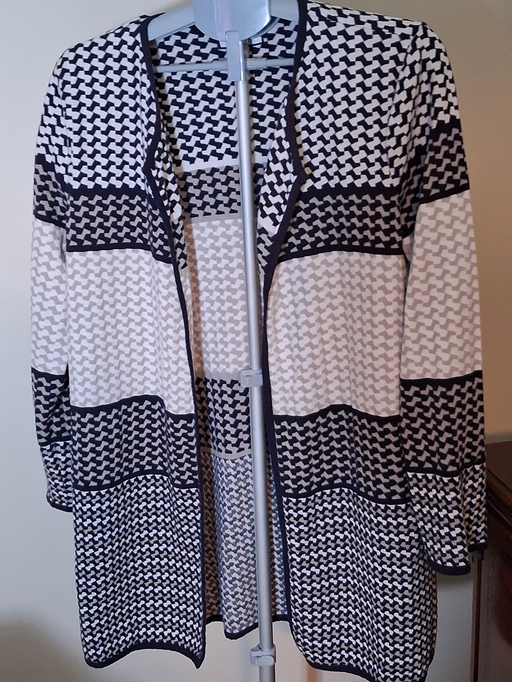 Charter Club Navy Beige White Open Front Geometric Cardigan
